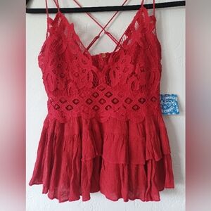 NWT Free People Adella Cherry Red Lace Spaghetti Strap Cami